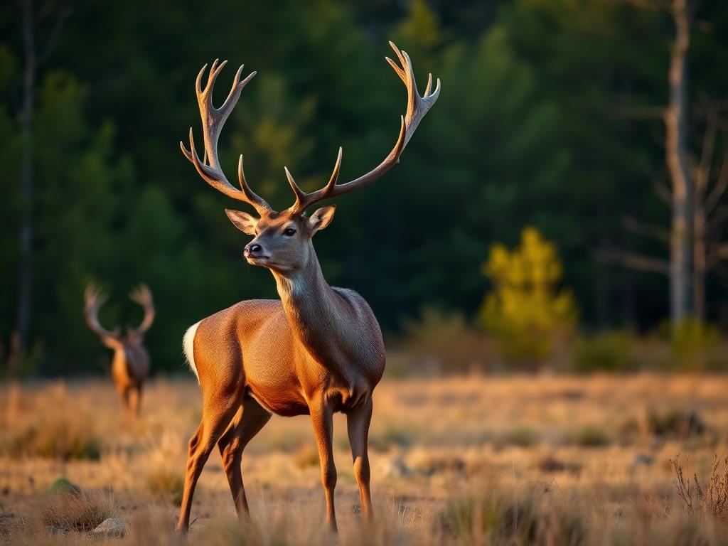 Red stag with large branching antlers standing in a grassy clearing